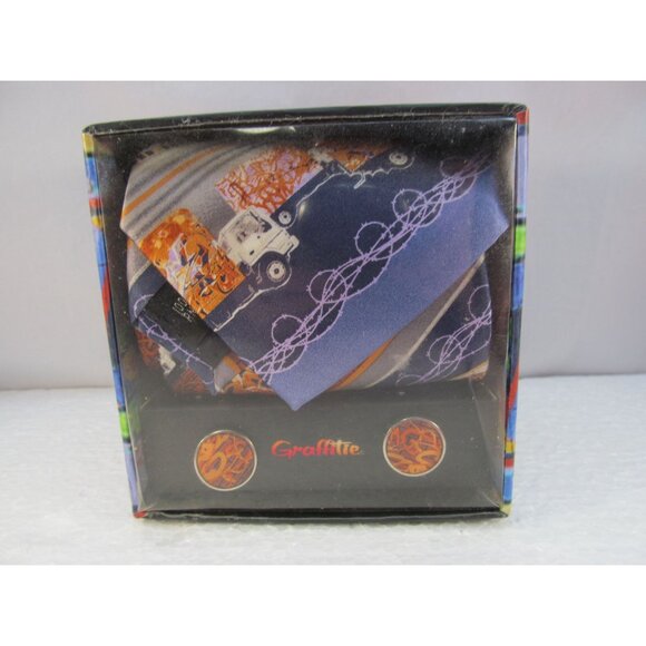 Mens Silk Tie Hanky and Cuff Link Set by Graffitie New in Box - Picture 14 of 14